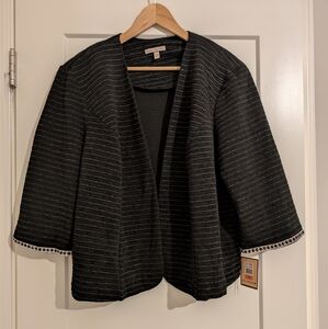 NWT Maya Brooke Black Striped Open Front Jacket With Beaded Trim Women's 24W